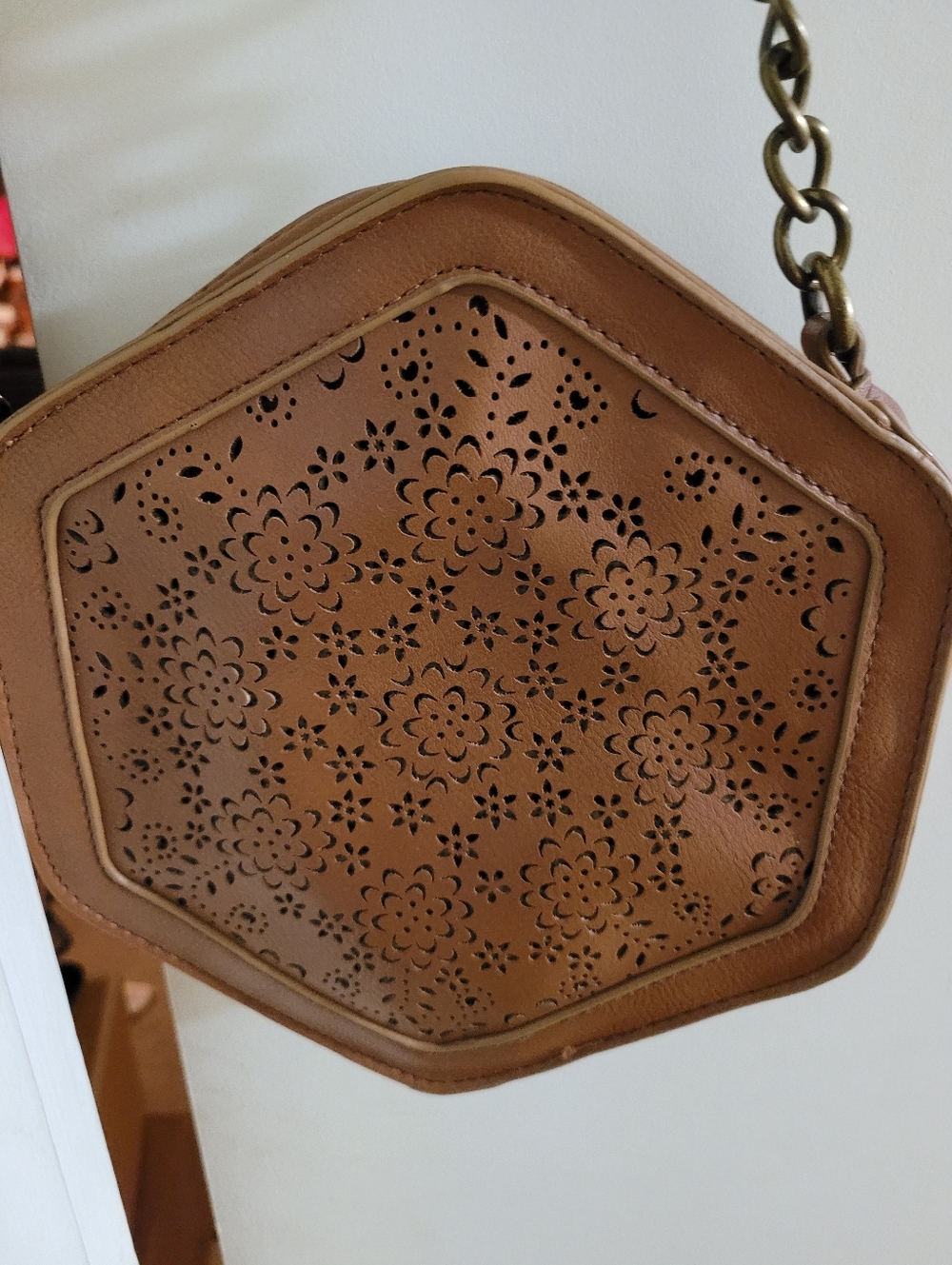 Brown Floral Laser-Cut Hexagon Crossbody Bag